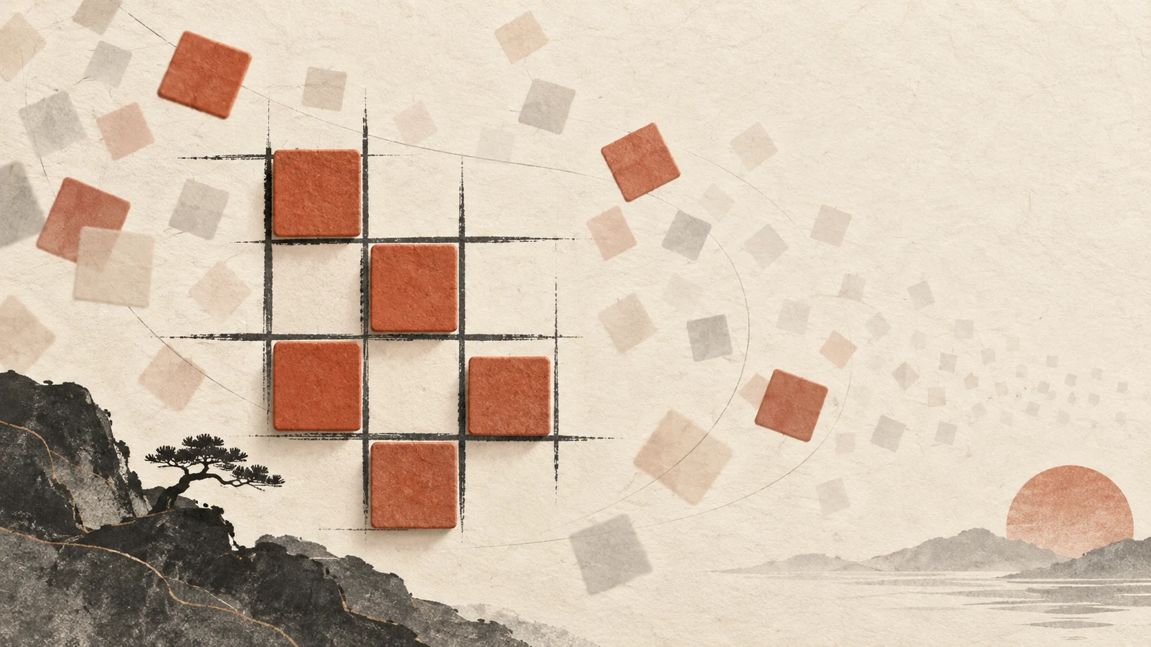 An abstract arrangement of Sudoku-inspired tiles on warm paper.