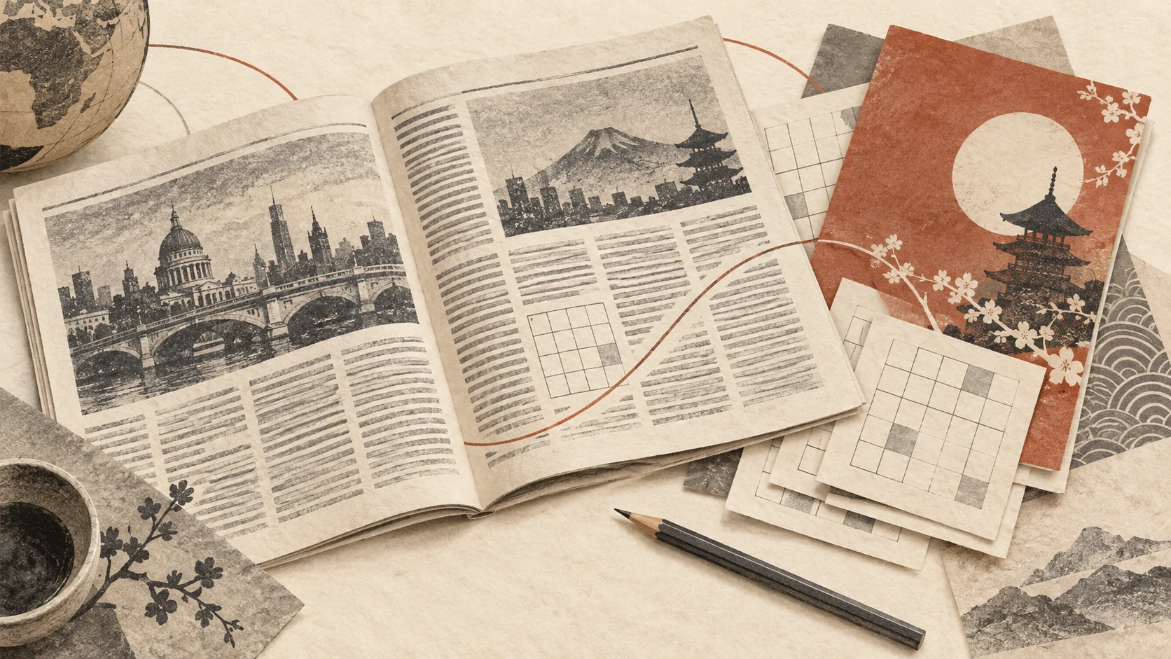 A newspaper, pencil and layered puzzle papers evoke Sudoku’s journey between Western and Japanese print culture.