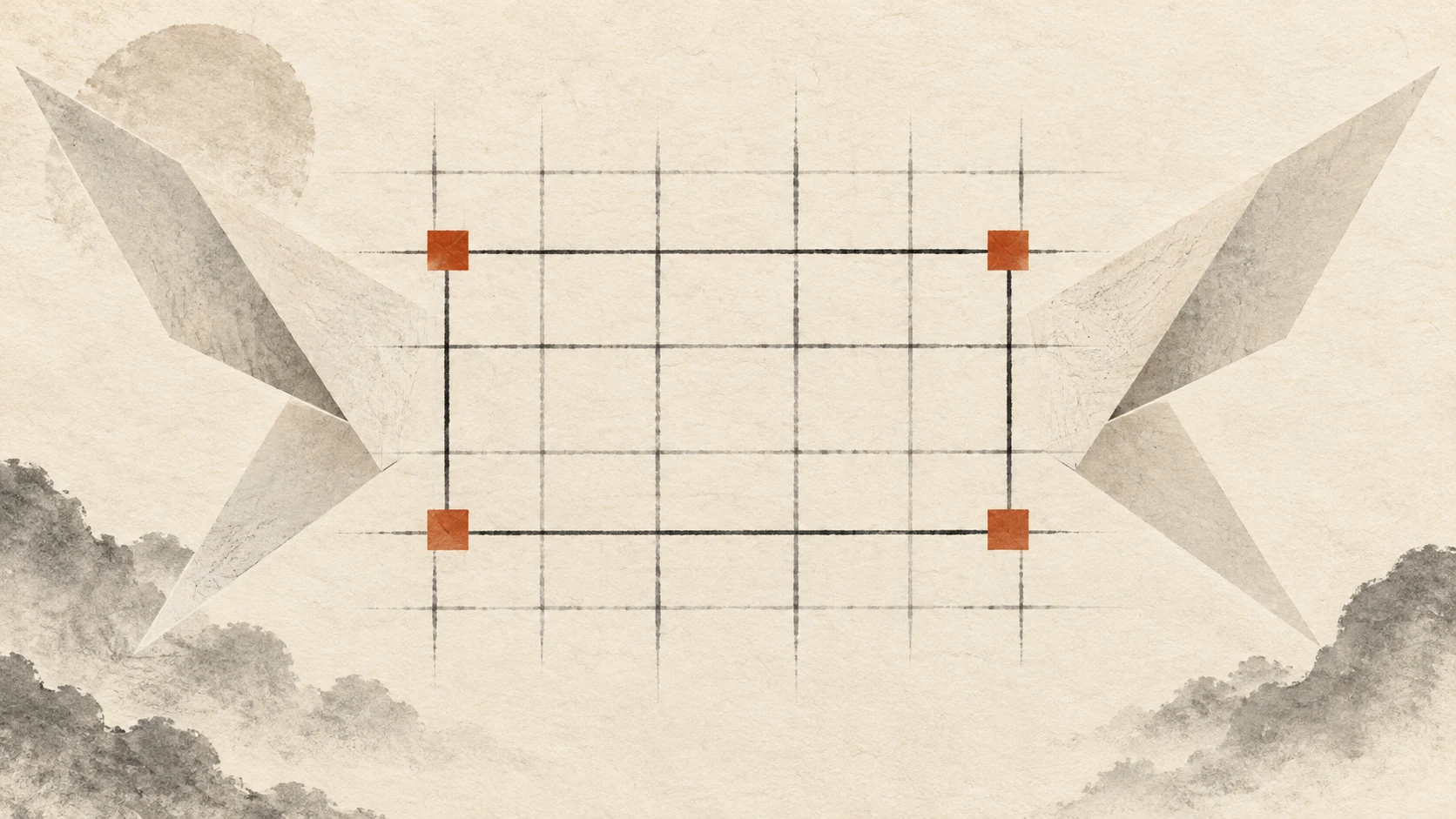 Four terracotta corner markers connected across an abstract charcoal lattice on warm textured paper.