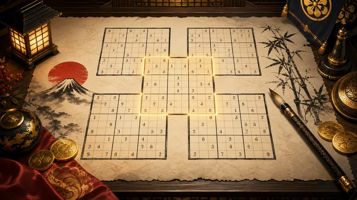 Japanese-style Samurai Sudoku overlapping grid artwork for ZUDOKU